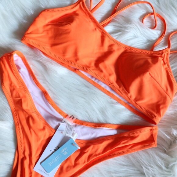 NEW Neon Orange Two Piece Bikini Bathing Suit Set Size XL - Picture 4 of 9